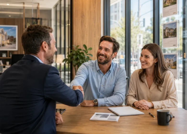 Agent immobilier serrant la main à ses clients