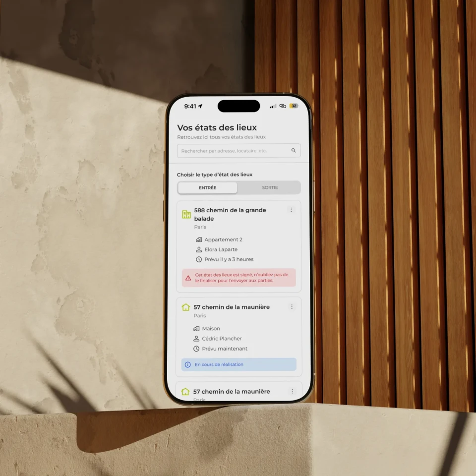 Liste des états des lieux sur application profesionnelle
