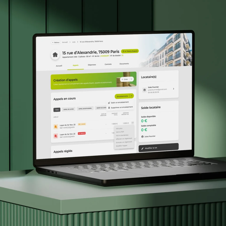 Interface de création d'appel de loyer pour logiciel de gestion locative profesionnel