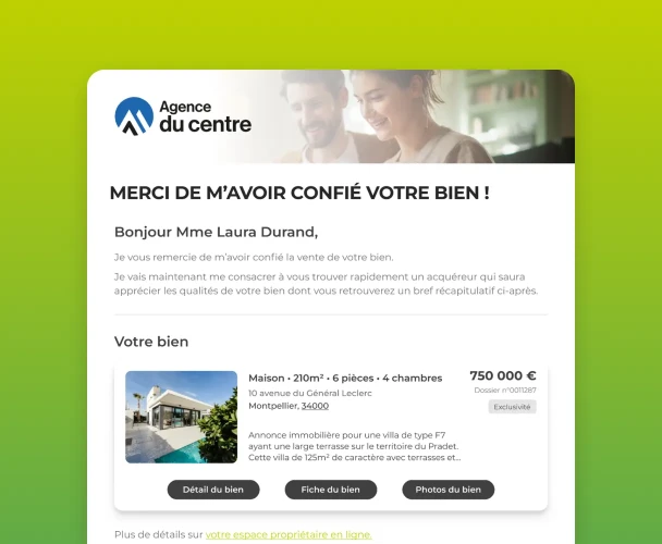Mail de remercie pour prise de mandat dans CRM immobilier Hektor