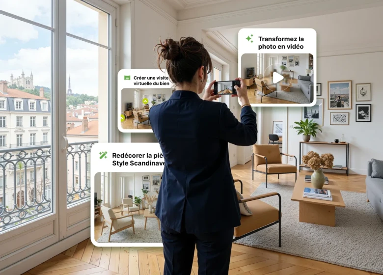 Agent immobilier prenant des photos d'un bien avec possibilité de transformer sa photo en video, ou en visite virtuelle