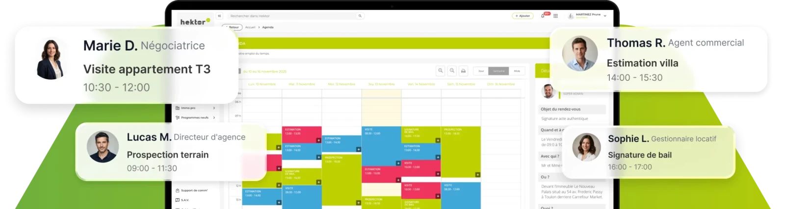 Interface agenda pour les professionnels de l'immobilier dans Hektor