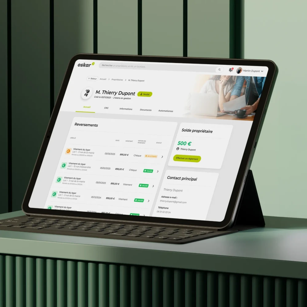 Interface de reversement des loyers sur Oksar