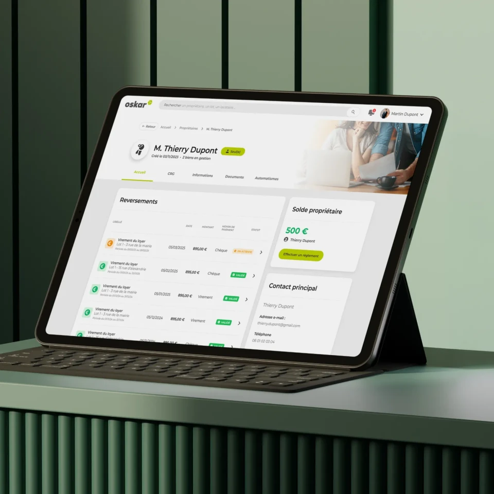 Interface de reversement des loyers sur Oksar