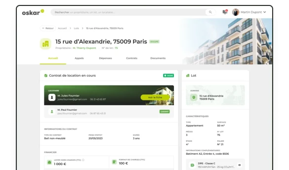 Interface de pilotage de gestion locative avec Oskar