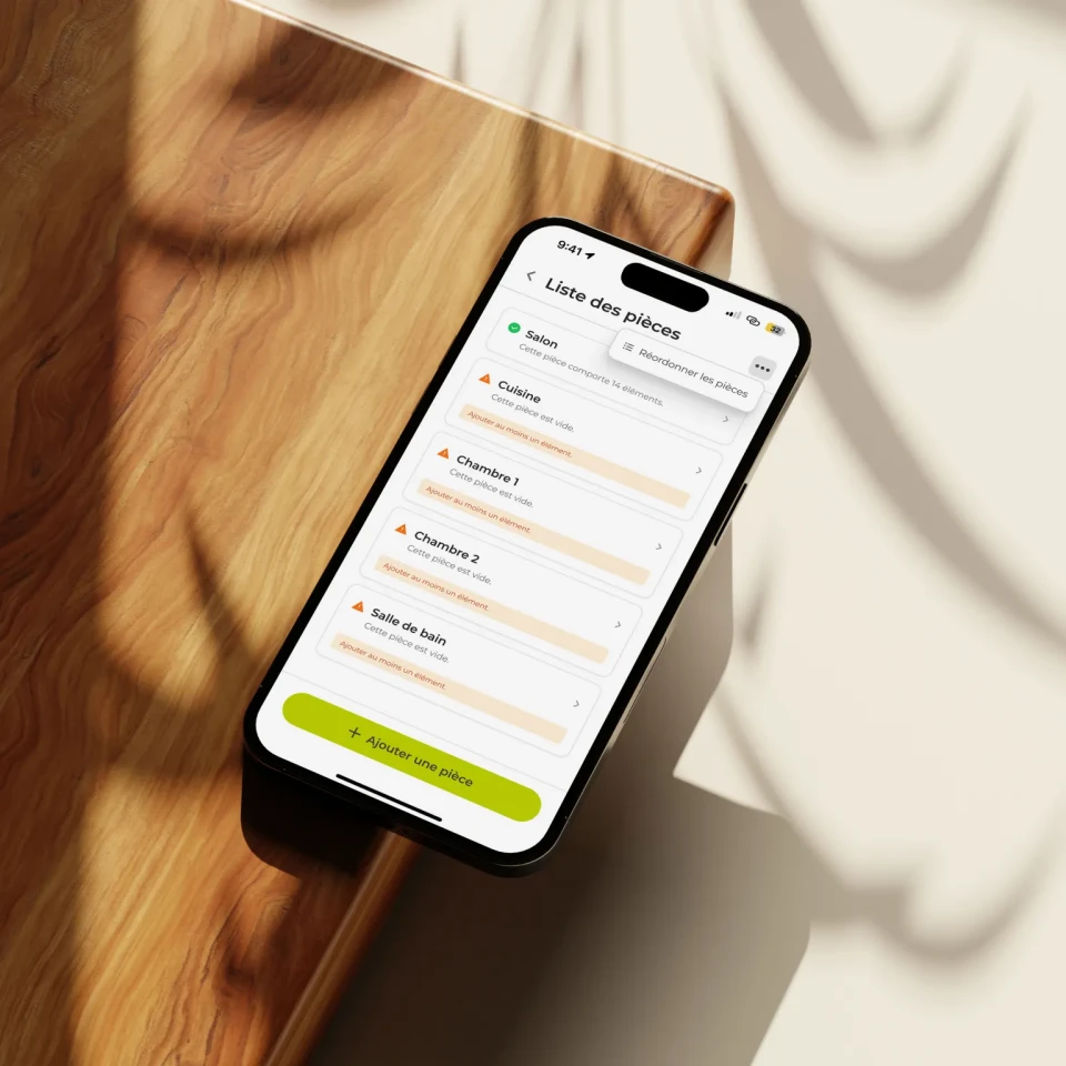 Interface de sélection de pièces sur application d'état des lieux profesionnelles