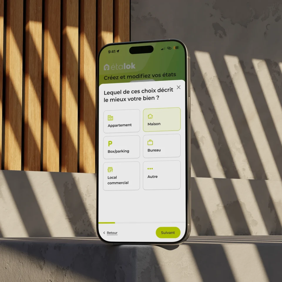 Interface de sélection de type de bien pour application d'état des lieux