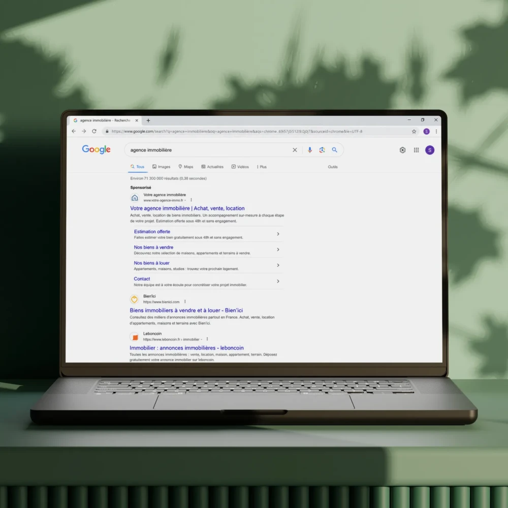 Aperçu réféencement payant d'une agence immobilière sur les moteurs de recherche en desktop
