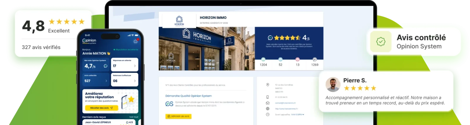 Interface d'affichage des avis clients sur Opinion System
