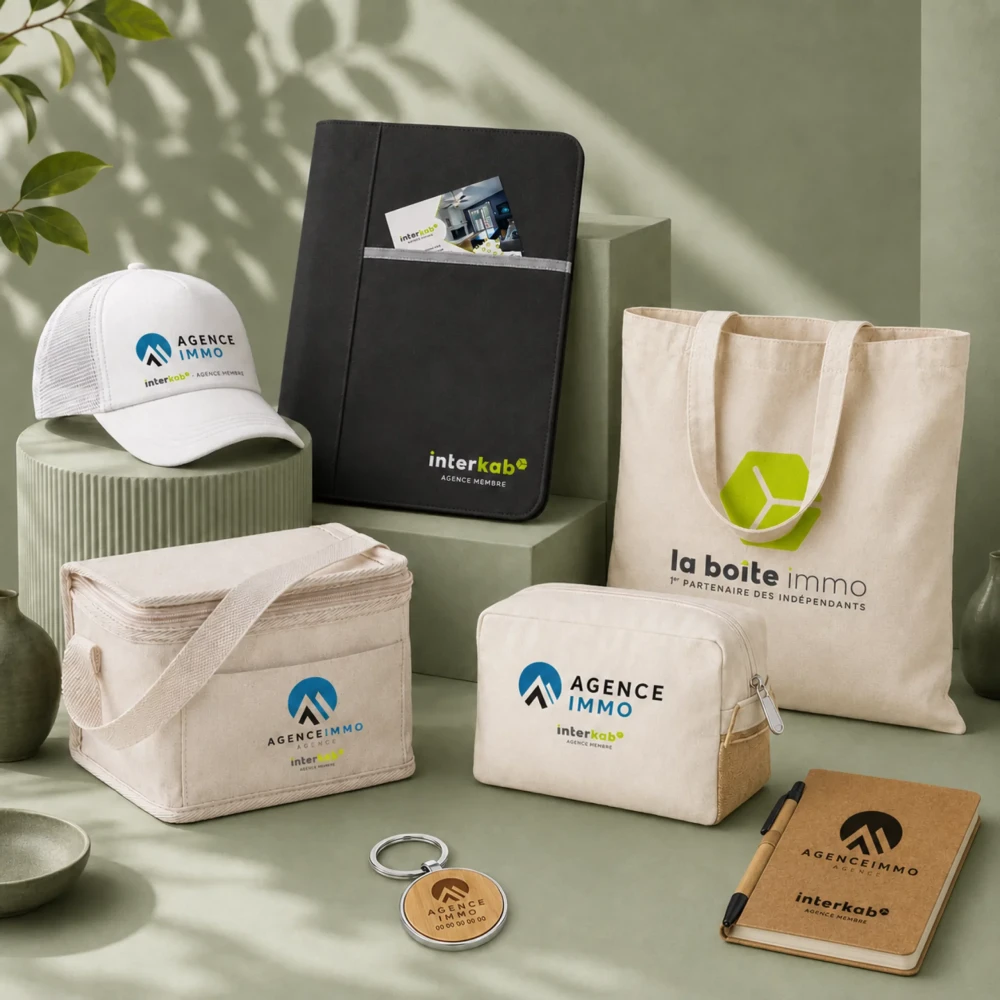 Totebag, carnets, casquettes à floquer avec logo pour agence immobilière
