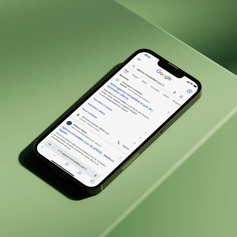 Aperçu réféencement payant d'une agence immobilière sur les moteurs de recherche en mobile