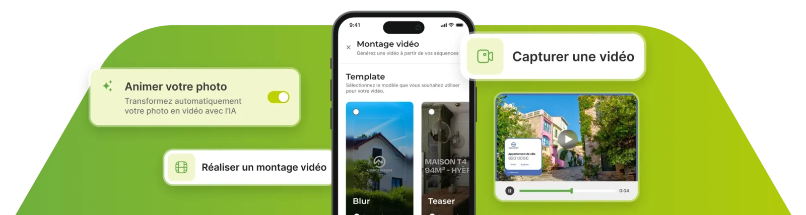 Interface d'application présentation la vidéo pour annonce immobilière