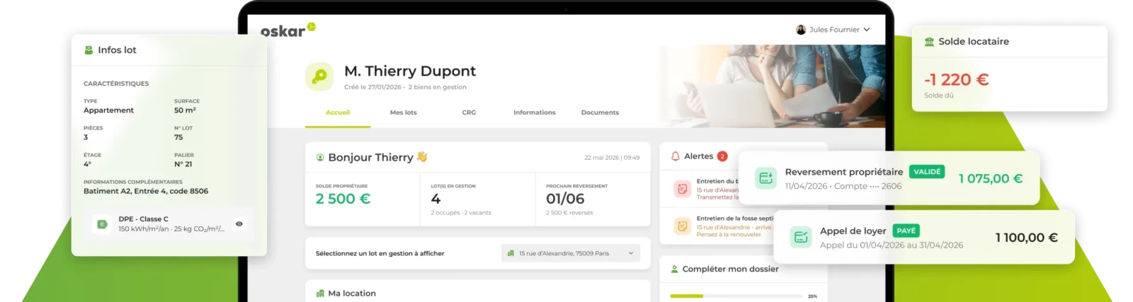 Interface espace personnel propriétaire dans logiciel de gestion locative