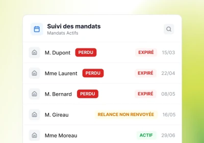 Interface de suivi de mandat avec de nombreux au statut perdu