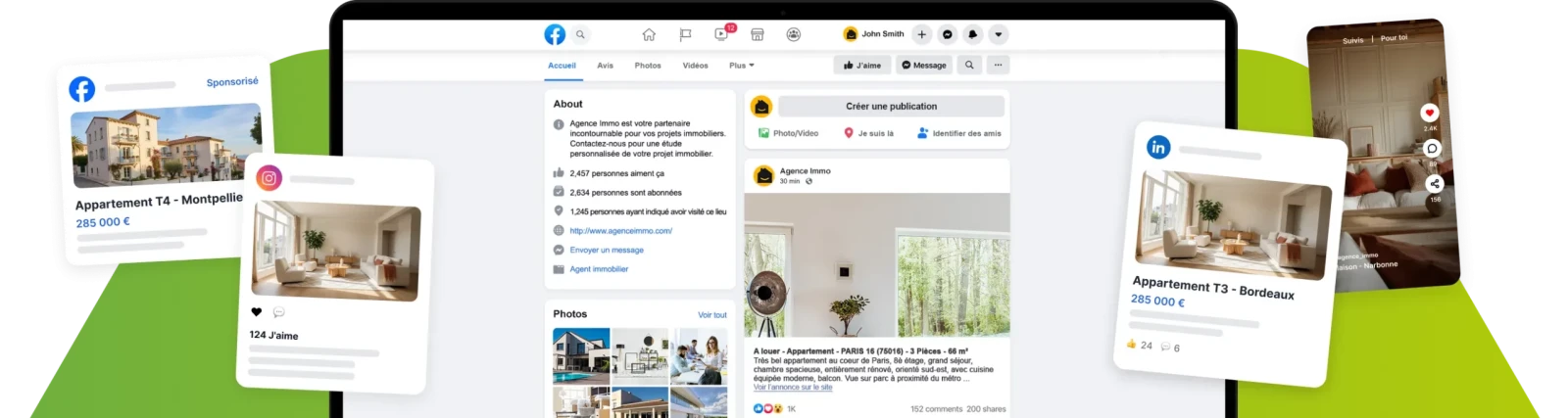 Réseaux sociaux d'une agence immobilière avec mise en avant annonce